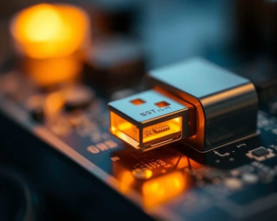 A close-up view of a USB port on a computer or electronic device, illuminated by warm, focused lighting. The port is in the foreground, with a detailed, intricate texture showcasing the miniature components and connectors within. The background is slightly blurred, creating a sense of depth and emphasis on the repair process. The overall mood is one of precision, technical expertise, and a methodical approach to troubleshooting and fixing the USB connection issue. A close-up view of a USB port on a computer or electronic device, illuminated by warm, focused lighting. The port is in the foreground, with a detailed, intricate texture showcasing the miniature components and connectors within. The background is slightly blurred, creating a sense of depth and emphasis on the repair process. The overall mood is one of precision, technical expertise, and a methodical approach to troubleshooting and fixing the USB connection issue.