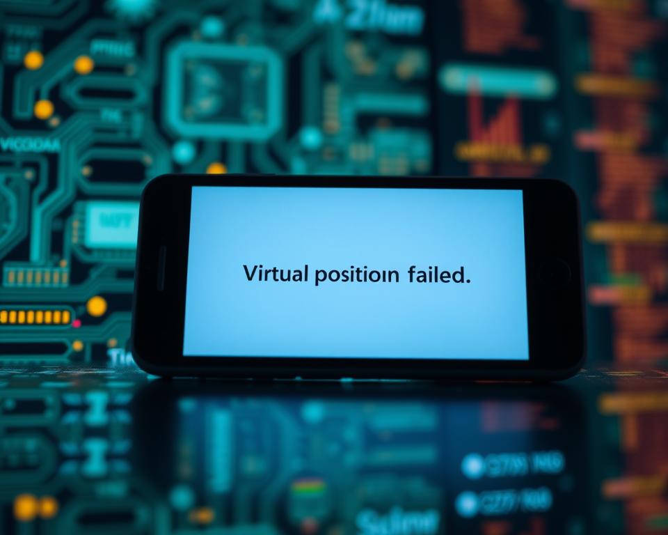 A digital mobile device screen displaying the error message "Virtual positioning failed" against a background of blurred technological elements, such as circuit boards, data visualizations, and digital interfaces. The screen is backlit with a soft, ambient light, creating a sense of technological malfunction or disruption. The overall composition conveys a feeling of frustration and the need to troubleshoot a technical issue related to virtual positioning or location-based services.