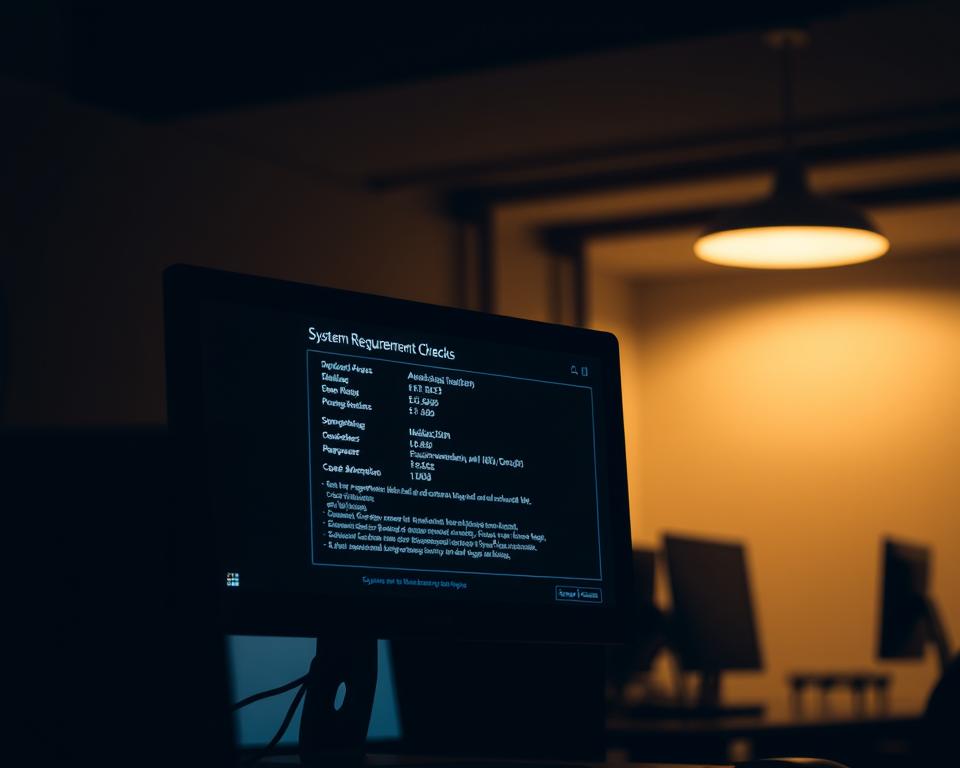 A dimly lit office interior, with a desktop computer and monitor prominently displayed in the foreground. The screen shows a system requirements check window, with various hardware and software specifications displayed. The background is slightly blurred, creating a sense of focus on the computer system. The lighting is warm and subtle, creating a contemplative and professional atmosphere. The camera angle is slightly elevated, giving a slightly downward perspective on the scene.