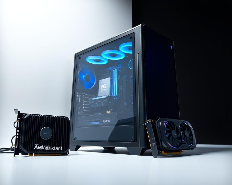 A high-performance desktop computer with a modern CPU, generous RAM, and dedicated graphics card, against a sleek, minimalist backdrop. The computer's components are showcased in an elegant, well-lit setting, conveying the technical sophistication and power required to run the "Aisi Assistant" application seamlessly. The composition emphasizes the interconnected nature of the system, highlighting the harmony between hardware and software. The overall atmosphere is one of precision, efficiency, and technological prowess, reflecting the specific configuration needed to optimize the "Aisi Assistant" experience.