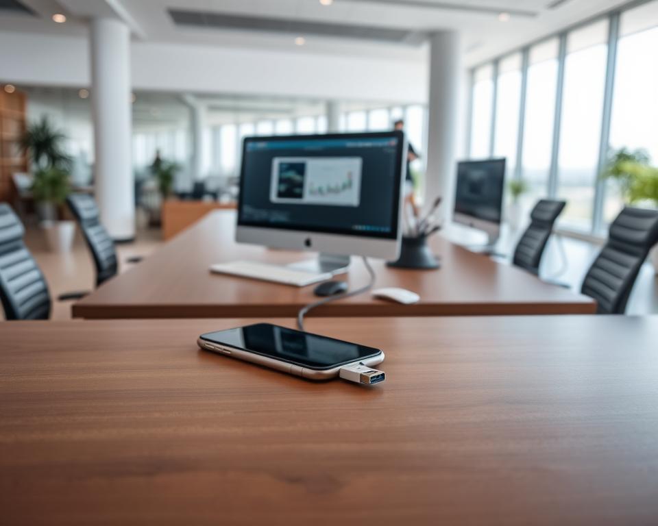 A modern office setting with a large central desk, featuring a desktop computer, keyboard, and mouse. In the foreground, a smartphone is connected to the computer via a USB cable, representing the file transfer process. The background showcases a clean, minimalist interior with large windows, allowing natural light to flood the space. The overall atmosphere is one of efficiency, technology, and professional productivity.
