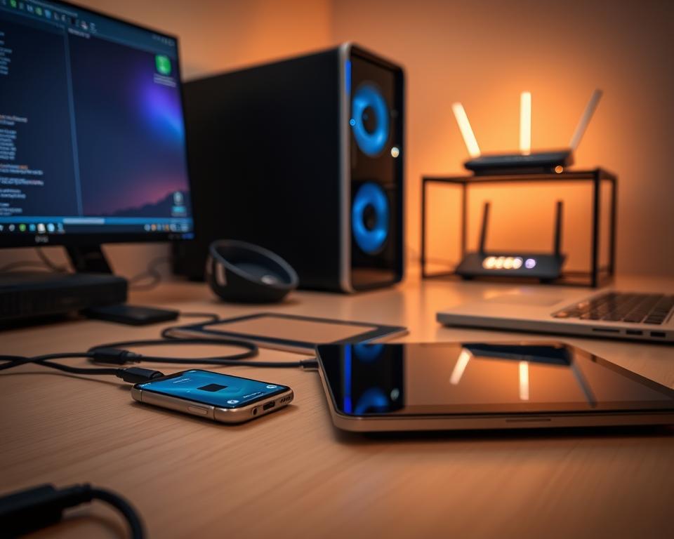 A neatly organized office desk with various devices connected via cables and wireless signals. In the foreground, a smartphone is plugged into a USB charging port, while a tablet and laptop are positioned nearby, seamlessly linked. The middle ground features a desktop computer tower, its LED indicators glowing softly, connected to a high-resolution monitor displaying a user interface. In the background, a router and modem sit atop a shelf, their network status lights blinking in a rhythmic pattern, symbolizing the seamless connectivity of the setup. Warm, indirect lighting casts a gentle glow, creating a sense of harmony and productivity. A neatly organized office desk with various devices connected via cables and wireless signals. In the foreground, a smartphone is plugged into a USB charging port, while a tablet and laptop are positioned nearby, seamlessly linked. The middle ground features a desktop computer tower, its LED indicators glowing softly, connected to a high-resolution monitor displaying a user interface. In the background, a router and modem sit atop a shelf, their network status lights blinking in a rhythmic pattern, symbolizing the seamless connectivity of the setup. Warm, indirect lighting casts a gentle glow, creating a sense of harmony and productivity.