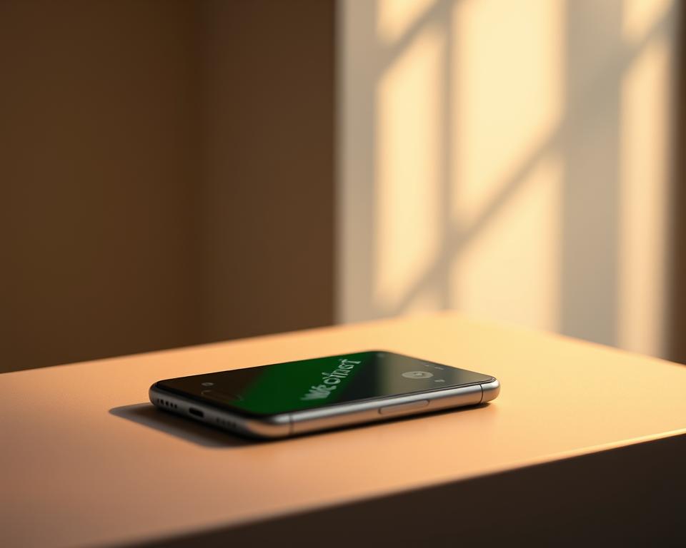 A sleek and modern-looking smartphone with the WeChat logo prominently displayed on the screen. The device is placed on a minimalist, muted-tone desk or surface, bathed in warm, indirect lighting that creates a soft, inviting atmosphere. The background is subtly blurred, putting the focus squarely on the phone and the WeChat app icon. The overall composition is balanced and visually appealing, capturing the essence of the "爱思助手怎么下载微信?" article section in a clean, professional manner.