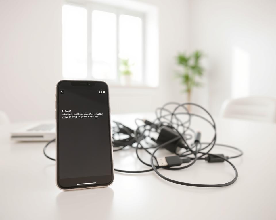 A sleek, modern smartphone placed prominently in the foreground, its screen displaying an error message or notification about a connectivity issue with the "Ai Assist" app. In the middle ground, a tangled mess of charging cables and adapters, hinting at the technical challenges of device troubleshooting. The background is a minimalist, clean-lined office setting, with a window providing soft, natural lighting to create a serene, professional atmosphere. The overall scene conveys a sense of frustration and the need for a straightforward solution to the connectivity problem. A sleek, modern smartphone placed prominently in the foreground, its screen displaying an error message or notification about a connectivity issue with the "Ai Assist" app. In the middle ground, a tangled mess of charging cables and adapters, hinting at the technical challenges of device troubleshooting. The background is a minimalist, clean-lined office setting, with a window providing soft, natural lighting to create a serene, professional atmosphere. The overall scene conveys a sense of frustration and the need for a straightforward solution to the connectivity problem.