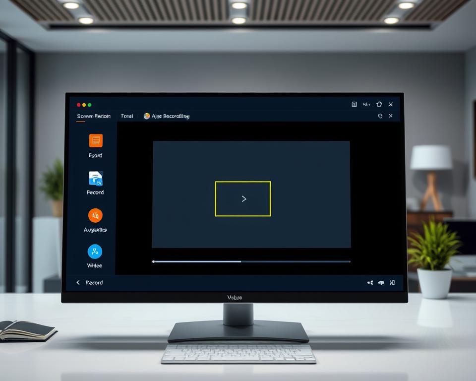 A well-lit, high-resolution screen capture showcasing the advanced screen recording features of the Aiseassistant software. The foreground depicts the software interface with clear icons and intuitive controls for selecting a specific region to record. The middle ground highlights the recording process, with a live preview of the designated area in crisp detail. The background subtly suggests a professional office setting, with minimalist decor and clean lines to maintain focus on the task at hand. The overall mood is one of efficiency and precision, inviting the viewer to explore the powerful capabilities of the Aiseassistant screen recording tool.