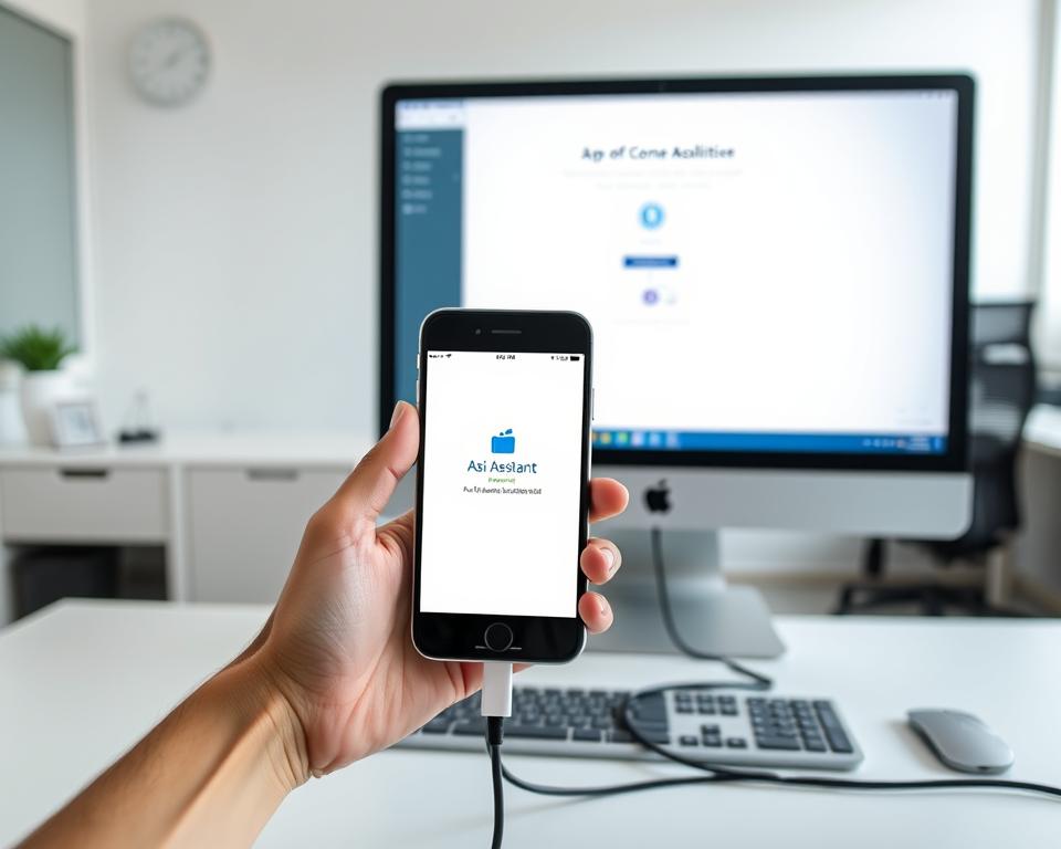A well-lit scene showing a desktop computer connected to the "Aisi Assistant" app on a smartphone via a USB cable. The computer screen displays the Aisi Assistant interface, with clear instructions and visual cues for the connection process. The smartphone is held in the foreground, angled slightly towards the camera, to showcase the Aisi Assistant app. The background features a clean, minimalist office environment, with a desk, chair, and other subtle office elements to provide context. The lighting is soft and even, creating a professional, informative atmosphere. The composition is balanced, with the connected devices taking center stage and the surrounding environment supporting the main subject.